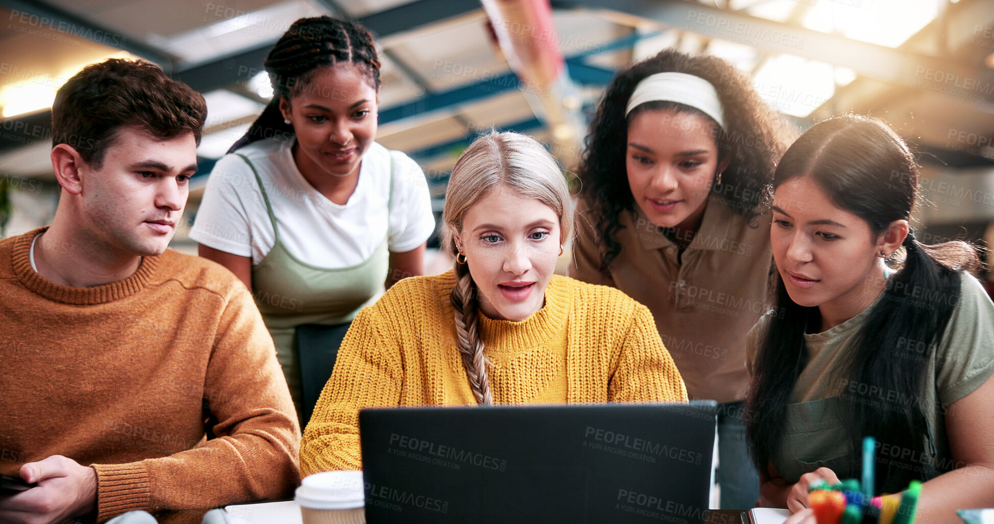 Buy stock photo Education, laptop and study group in library together for development, research or scholarship. Computer, learning and university with student friends on college campus for feedback or report