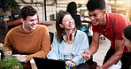 Excited, students and people in library with laptop, education and email for scholarship approval. Smile, friends and pc at campus with study group, positive results and academic award at university