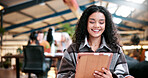 Student, research and happy woman with tablet in university study for education or learning. Female person, academic learner or smile with technology for knowledge, information or network in library