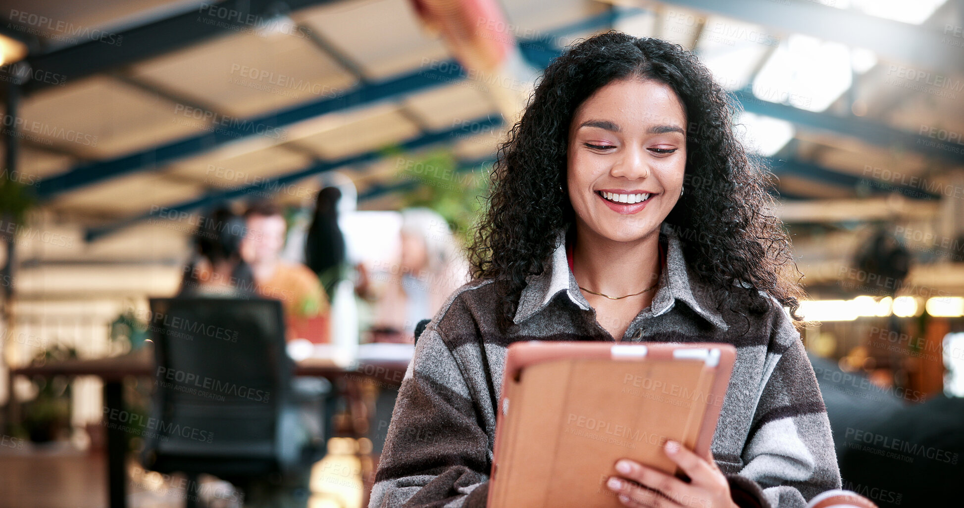Buy stock photo Student, research and happy woman with tablet in university study for education or learning. Female person, academic learner or smile with technology for knowledge, information or network in library