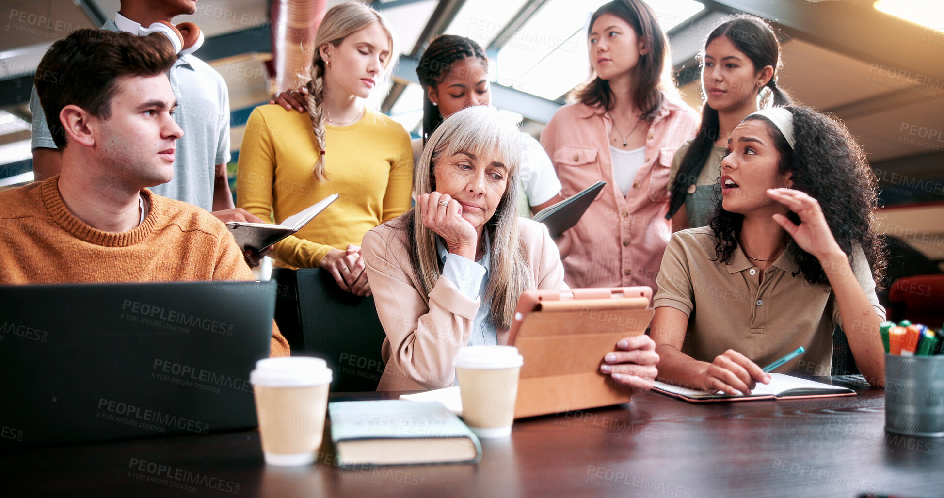 Buy stock photo Tablet, discussion and lecturer with students in library for study tips on exam, test or quiz. Digital technology, education and tutor with group of people for assignment results at university campus