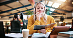 Thinking, reading book or woman with headphones for learning, development or planning schedule. Notes, university or student listening to audiobook for education, knowledge podcast or problem solving