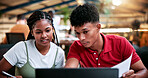 Team, laptop and creative feedback with paperwork for update, report and interior designer project. Business people, document and collaboration for process, discussion and employee partnership