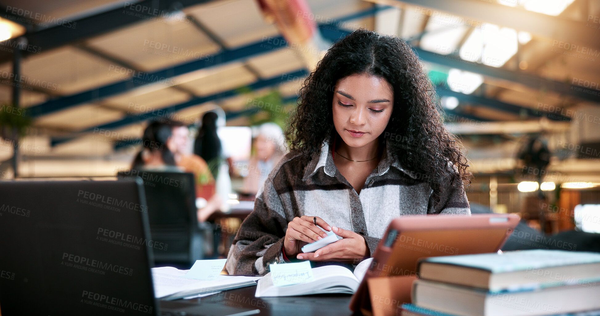 Buy stock photo Study, sticky notes and woman in college with books, exam knowledge or planning for assignment. Education, textbooks or student with reminder, university thesis or literature revision for assessment