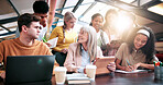 Education, smile and teacher with students in library for assignment, curriculum or syllabus. Learning, tablet and university with happy woman speaking to people on college campus for assessment