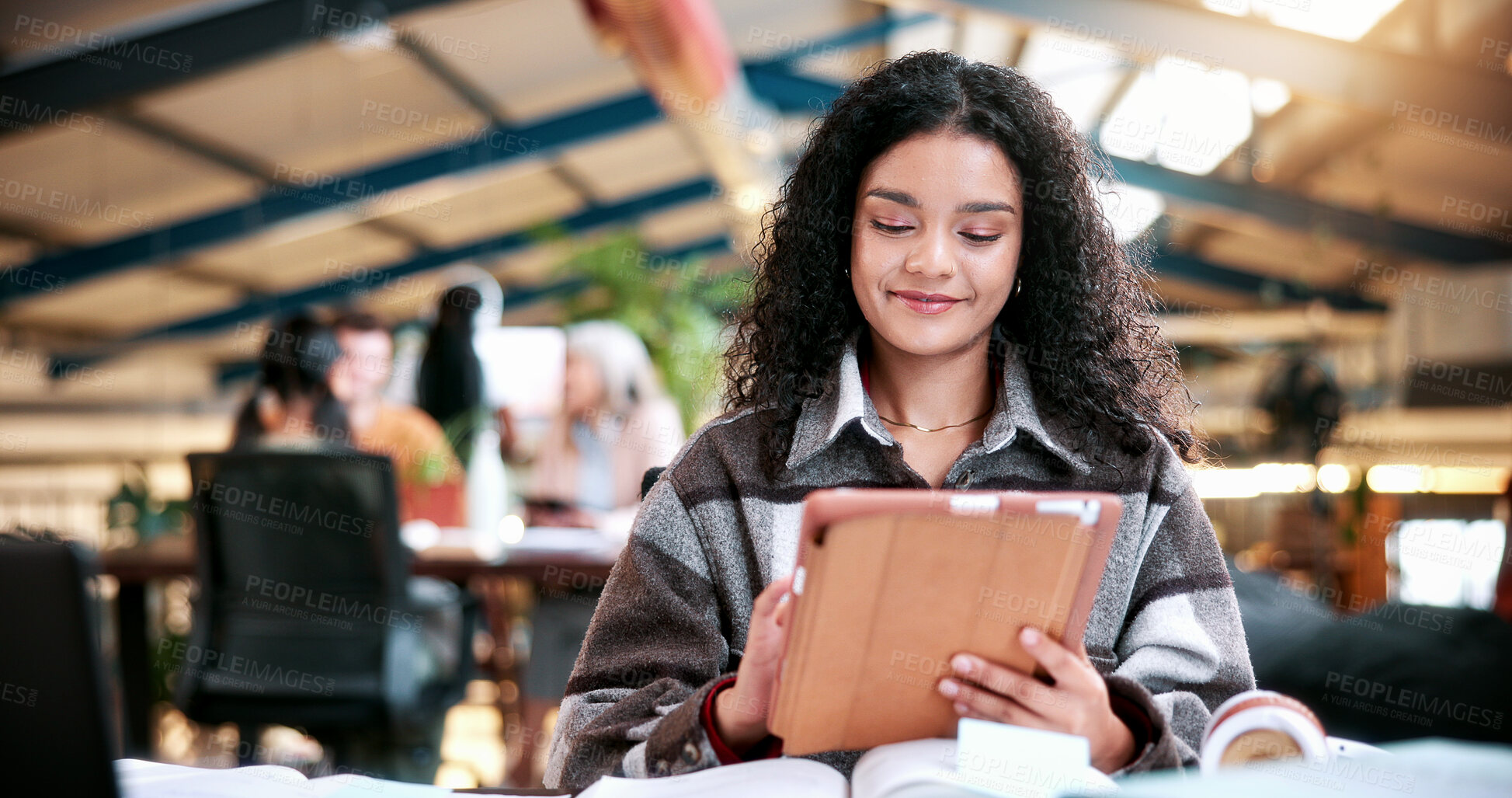 Buy stock photo Happy, woman and student with tablet in library at university with email for exam or test results. Smile, digital technology and female person with online communication for college scholarship.