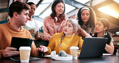 Buy stock photo Education, study group and question with friends in library for discussion or problem solving. Laptop, learning and university with confused people on college campus together for feedback or solution