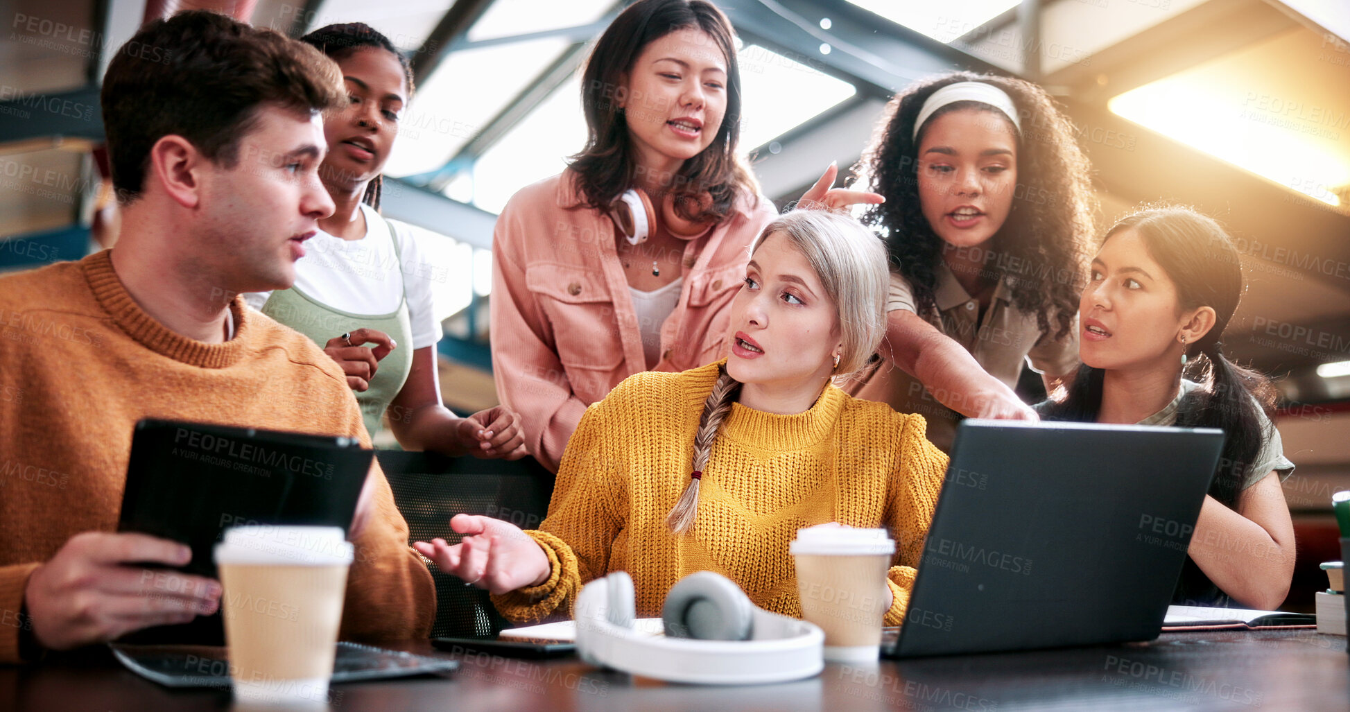 Buy stock photo Education, study group and question with friends in library for discussion or problem solving. Laptop, learning and university with confused people on college campus together for feedback or solution