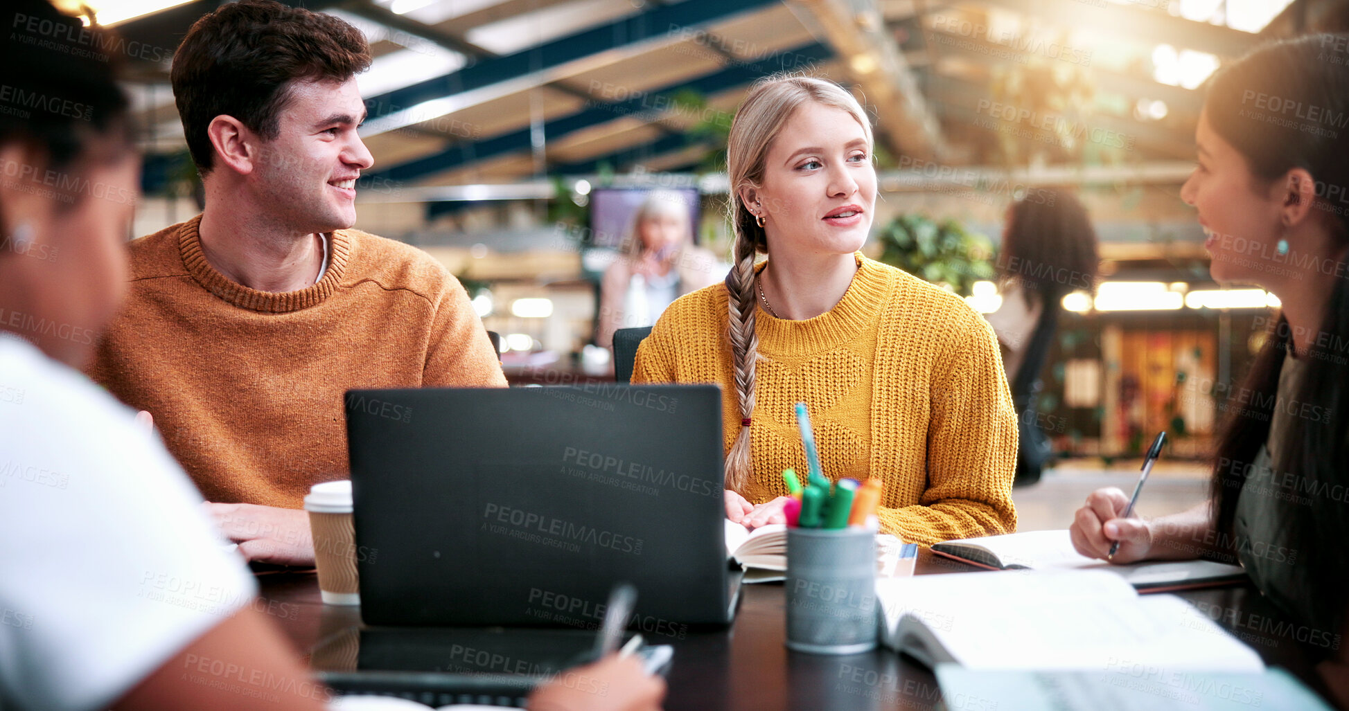 Buy stock photo Education, laptop and talking with study group in library for development, research or scholarship. College, computer and learning with student friends on university campus for feedback or report