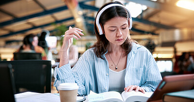 Buy stock photo Woman, student and reading with headphones in university study for education or online learning. Female person, academic learner or dictionary with book for audio translation or language in library