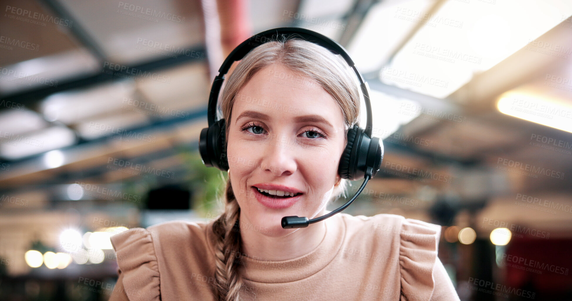 Buy stock photo Headset, elearning and portrait of woman in library for video call, knowledge or online class at college. Talk, mic and female student on virtual lesson for education with scholarship at university.