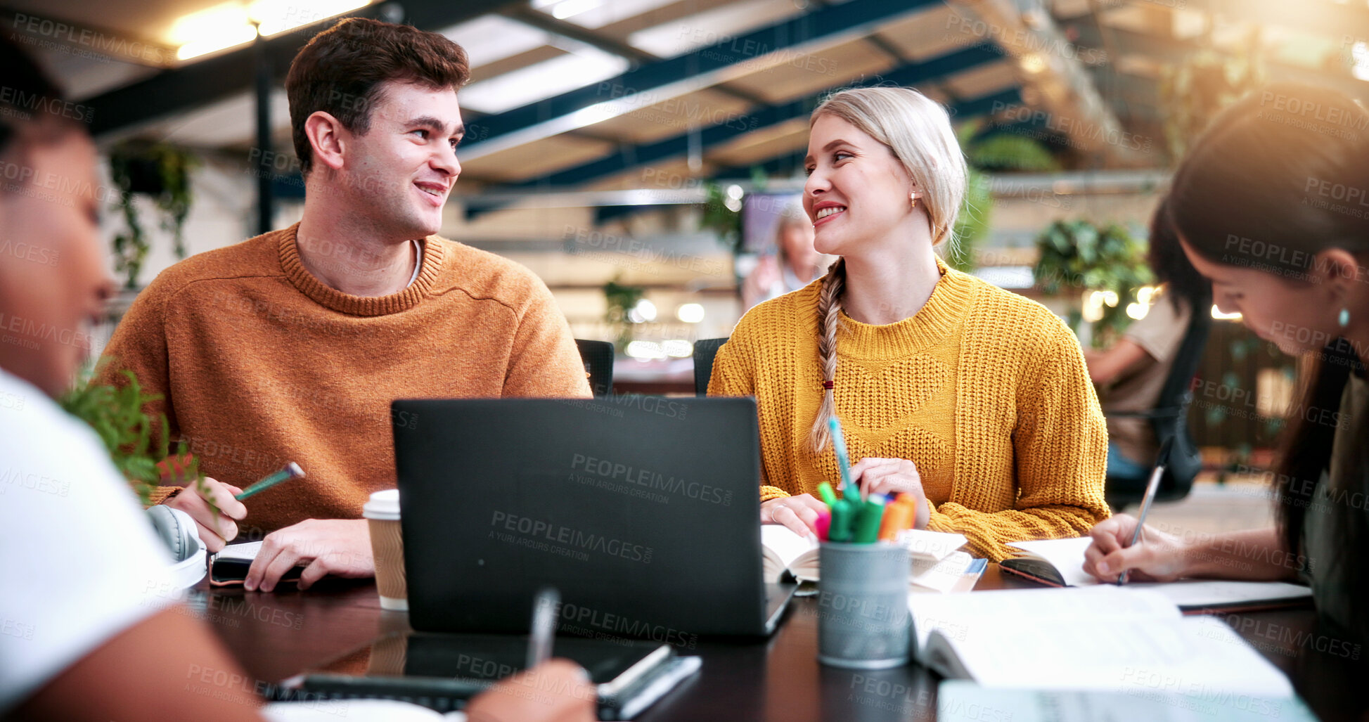 Buy stock photo Education, laptop and smile with study group of people in library for research or scholarship. Computer, learning and university with happy student friends on college campus for feedback or report