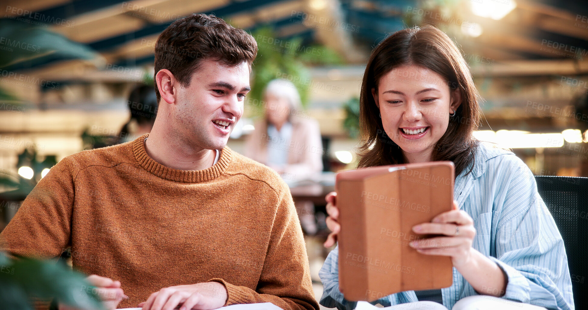 Buy stock photo Team, tablet and creative feedback with document for update, report and interior designer project. Business people, notebook and collaboration with digital tech, discussion and employee partnership