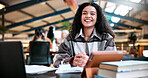 Portrait, happy and woman in college with studying, academic knowledge or research for assignment. Education, smile or student with confidence, university thesis or literature revision for assessment