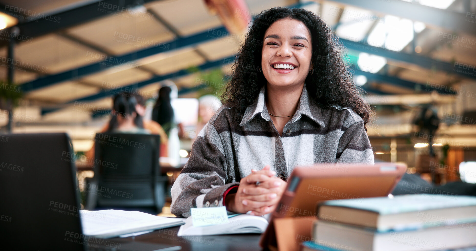 Buy stock photo Portrait, happy and woman in college with studying, academic knowledge or research for assignment. Education, smile or student with confidence, university thesis or literature revision for assessment