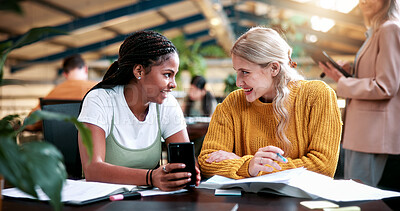 Buy stock photo Students, friends and education in college with phone for scholarship, exam score or curriculum. Happy women, university and together with mobile, upskill notification and talk for learning knowledge
