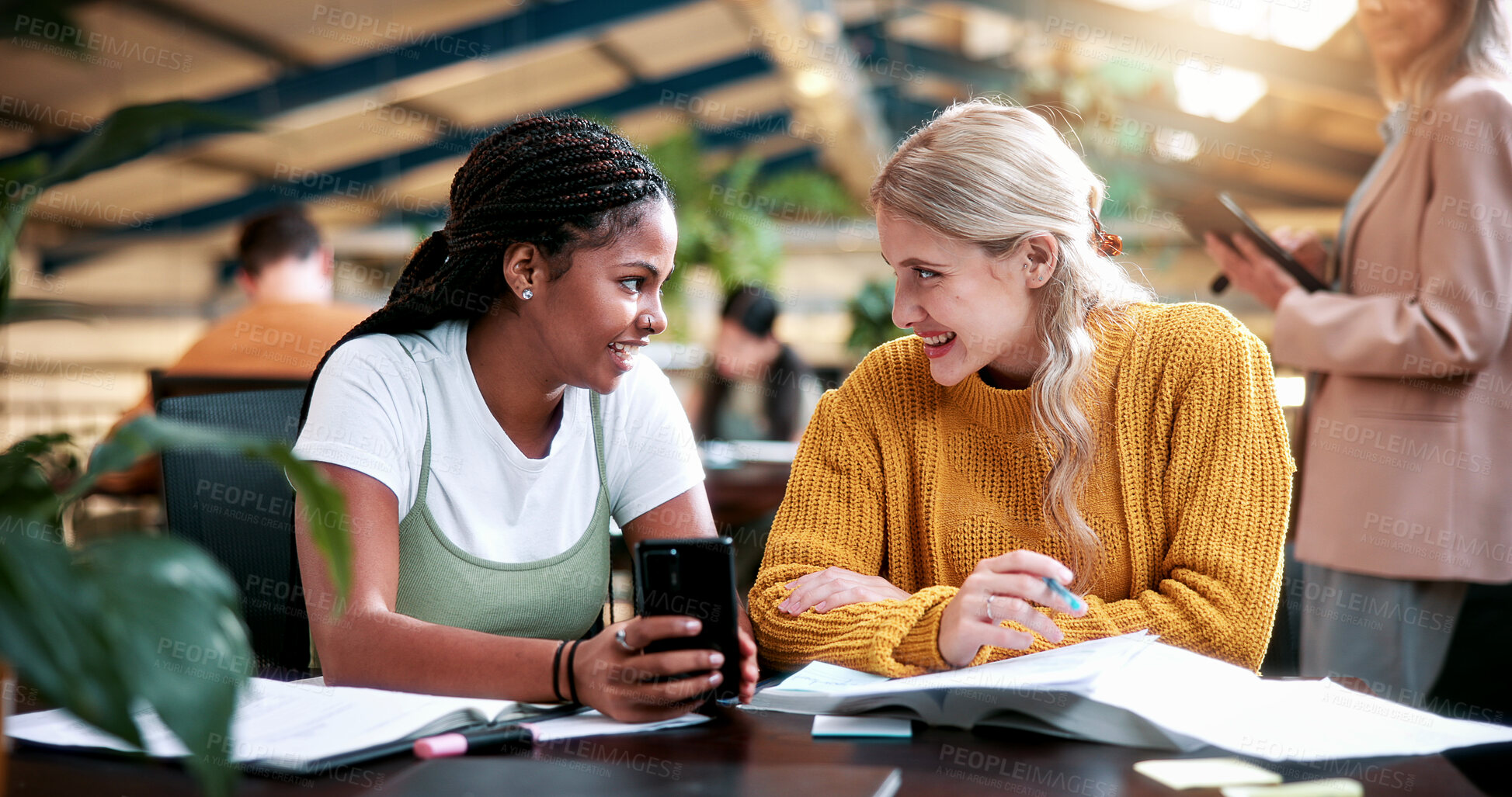Buy stock photo Students, friends and education in college with phone for scholarship, exam score or curriculum. Happy women, university and together with mobile, upskill notification and talk for learning knowledge