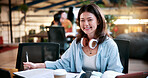 Study, portrait and woman in college with books, exam knowledge or research for assignment. Education, smile or student with headphones, university thesis or literature revision for assessment.