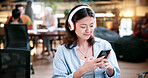 Streaming, phone or woman in college with headphones, song choice or listening to playlist. Happy, music or student at campus with tech, sound track selection or radio subscription on audio app.