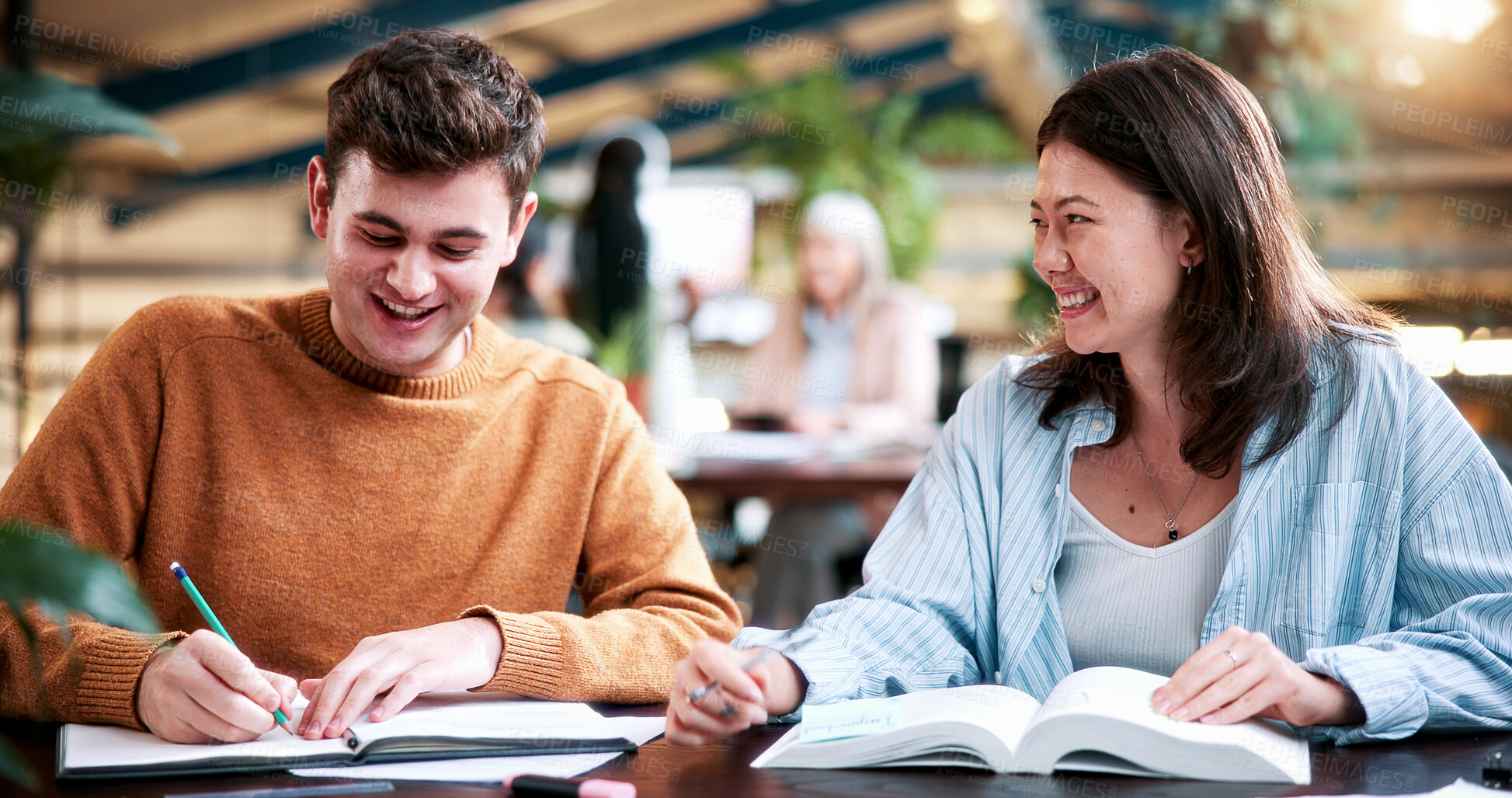 Buy stock photo People, student and writing in college for collaboration, exam preparation and discussion. Friends, smile and textbook for study group, knowledge and research for test or assignment info for project