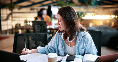Buy stock photo Study, notes and woman in college with books, exam knowledge or research for assignment. Education, academy or student at campus with writing, university thesis or literature revision for assessment.