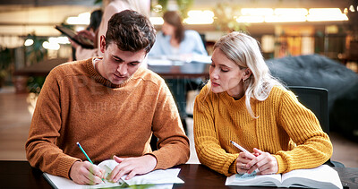 Buy stock photo Students, friends and study in university, writing or help with education tips for exam preparation. People, college and learning together with notes, course book or knowledge for assignment project