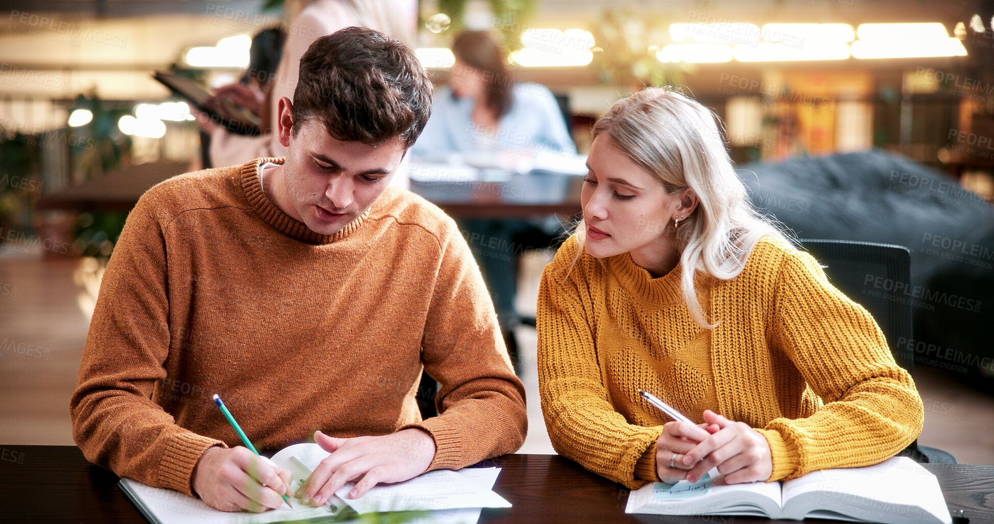 Buy stock photo Students, friends and study in university, writing or help with education tips for exam preparation. People, college and learning together with notes, course book or knowledge for assignment project