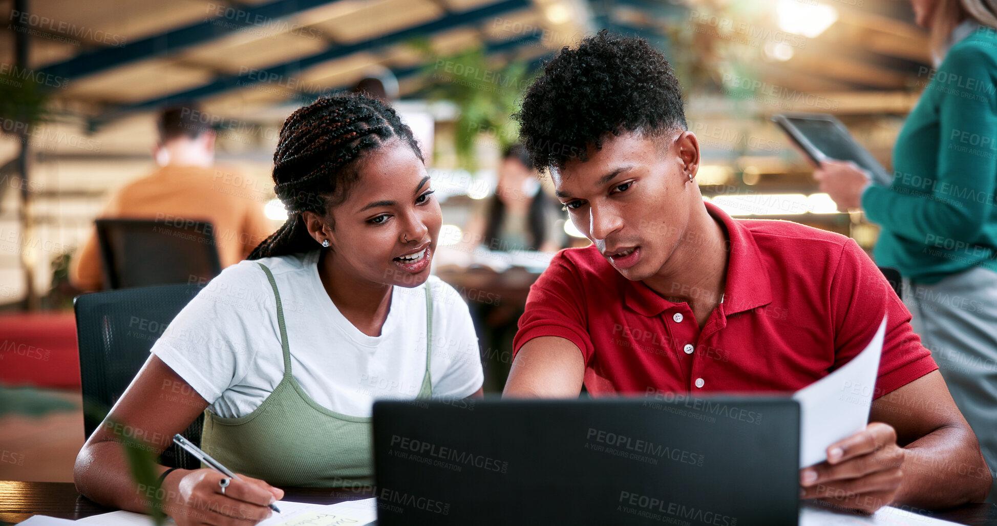 Buy stock photo Students, friends and education in college, laptop and help with study tips for exam preparation. People, university and learning together with computer, knowledge and paper for assignment project