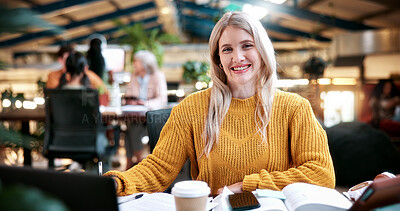 Buy stock photo Portrait, smile and woman in college with studying, exam knowledge or research for assignment. Education, happy or student with confidence, university thesis or literature revision for assessment.