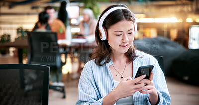 Buy stock photo Subscription, phone or woman in college with headphones, song choice or listening to playlist. Smile, music or student at campus with tech, sound track selection or radio streaming on audio app.