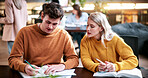 Students, help and study in university, writing and friends with education for thesis research. People, college and learning together with notes, course book or knowledge for assignment project
