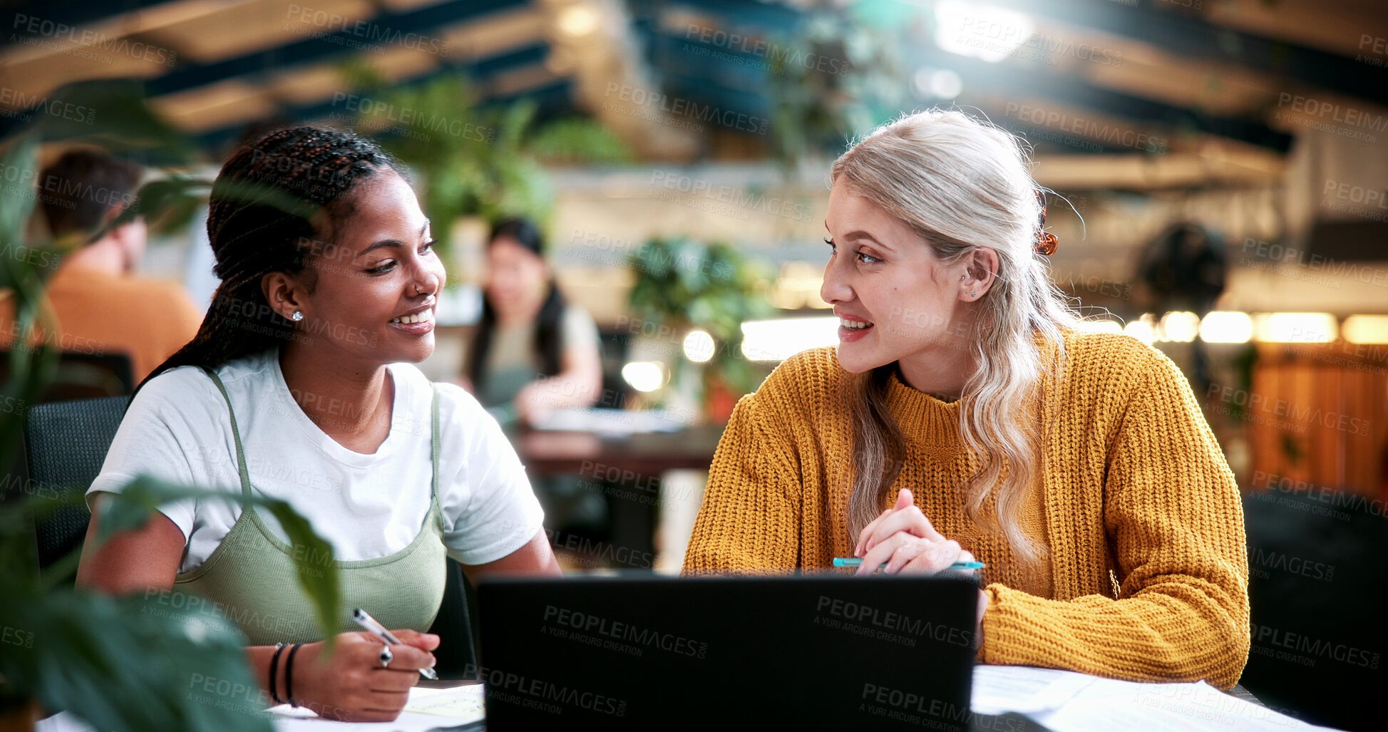 Buy stock photo Students, friends and education in college, help and talk with study tips for exam preparation. Happy women, university and learning together with laptop, course notes and knowledge for project