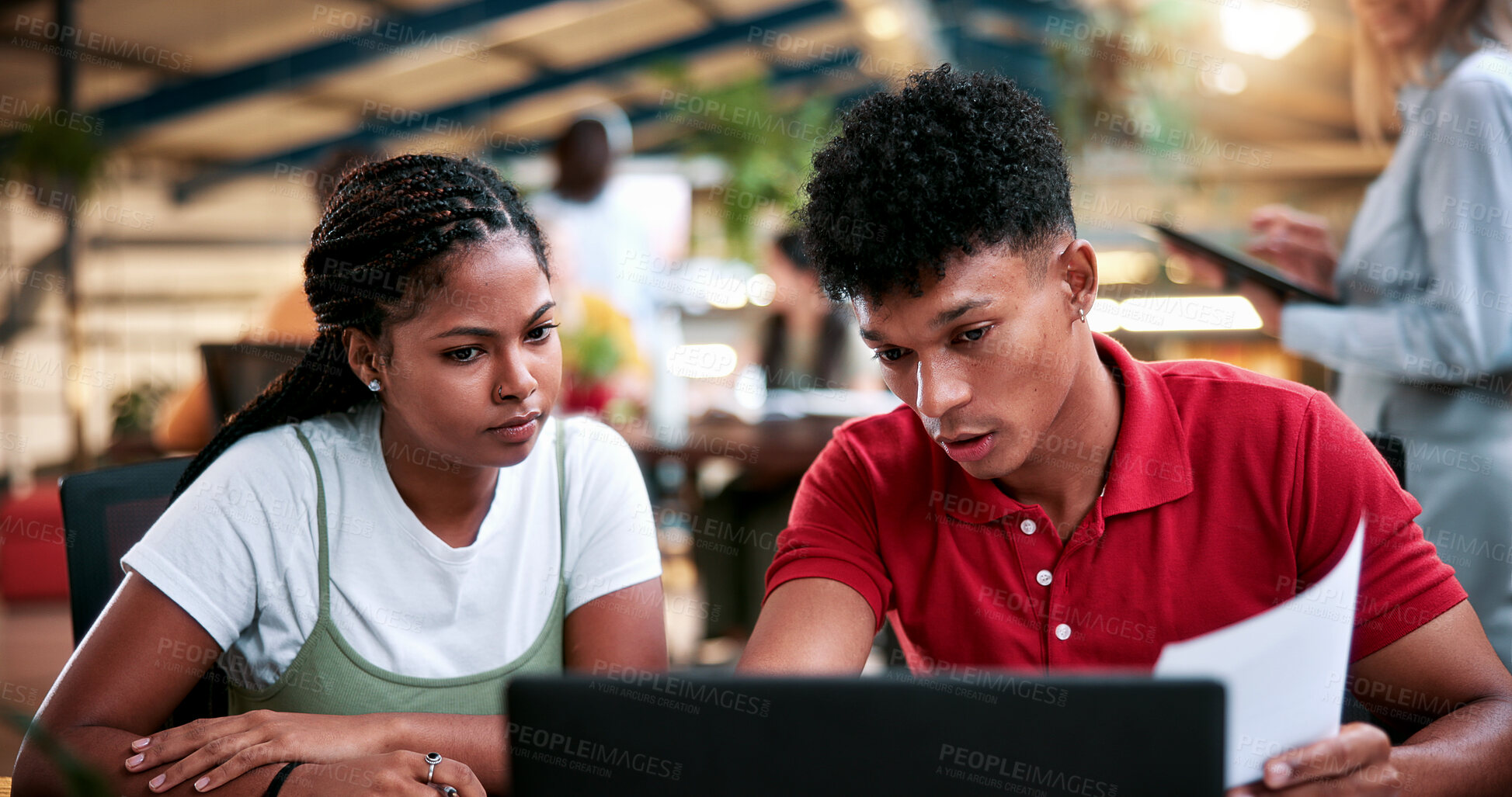 Buy stock photo Team, laptop and creative feedback in office with document for update, report and interior designer project. Business people, brainstorming and collaboration with tech, discussion and partnership