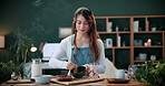 Wellness, woman and whisk matcha in home for green tea, health beverage and preparation. Holistic, person and mixing bowl for plant based drink, recipe process and herbal ingredients for nutrition