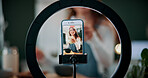 Portrait, woman and ring light with phone screen for smoothie review, film video or content creation. Happy, person or wellness influencer in home with tech, green juice tutorial or social media post