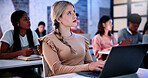 Thinking, students or woman with laptop in lecture, college course reflection or learn for development. Education, academic project or scholar with pc for class assignment, idea and planning essay