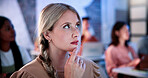 Thinking, student and woman in college for learning, academic idea and scholarship development. University, person and problem solving in class for education, knowledge or planning with reflection