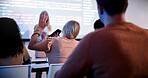 Student, university and girl with question in lecture for syntax confusion, coding logic and curious. Back, person and hands raised in programming lesson for debugging query, interaction and answer