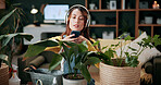 Plants, picture and woman at house with phone, photography and research for leaf analysis. Headphones, social media and botanist in home with mobile, floral identification and inspection for growth