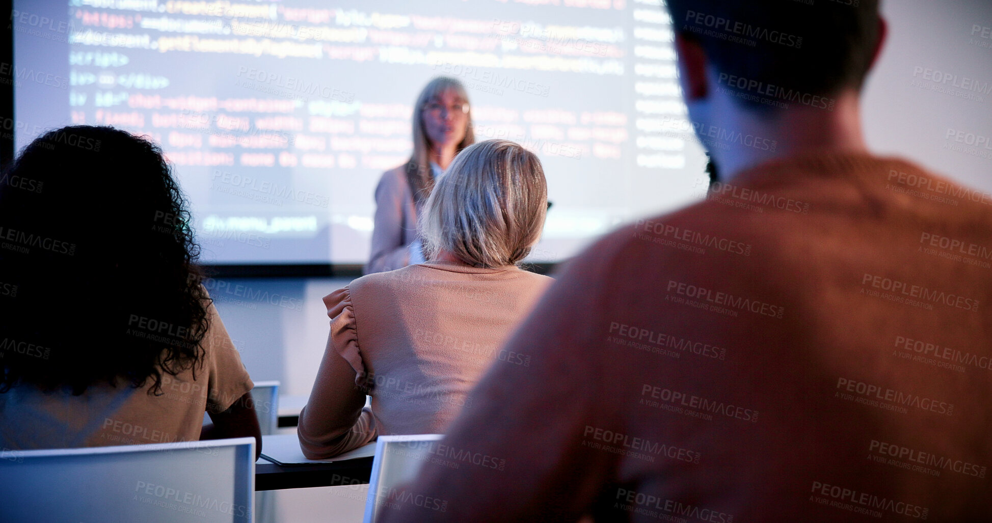 Buy stock photo Teaching, students and lecturer with presentation in classroom, programming course and IT curriculum. University, people or mature professor with software info for coding lesson, education or learn