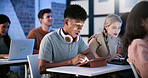 Student, man and surprise in college with tablet, education and test results notification for course. Person, shock and scroll in classroom with tech, email or announcement for university exam grade.
