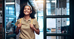 Education, excited girl and walk in university for semester start, study opportunity and scholarship. Backpack, happy student and first day on college campus for academic course, learning and growth 