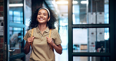 Buy stock photo Education, excited girl and walk in university for semester start, study opportunity and scholarship. Backpack, happy student and first day on college campus for academic course, learning and growth 