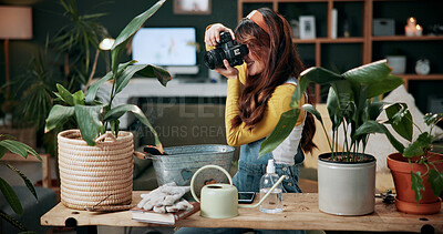 Buy stock photo Remote work, camera or woman in house with plant, greenery review or picture in gardening blog. Happy, film or content writer with houseplant, horticulture or growth photography in botanical article.