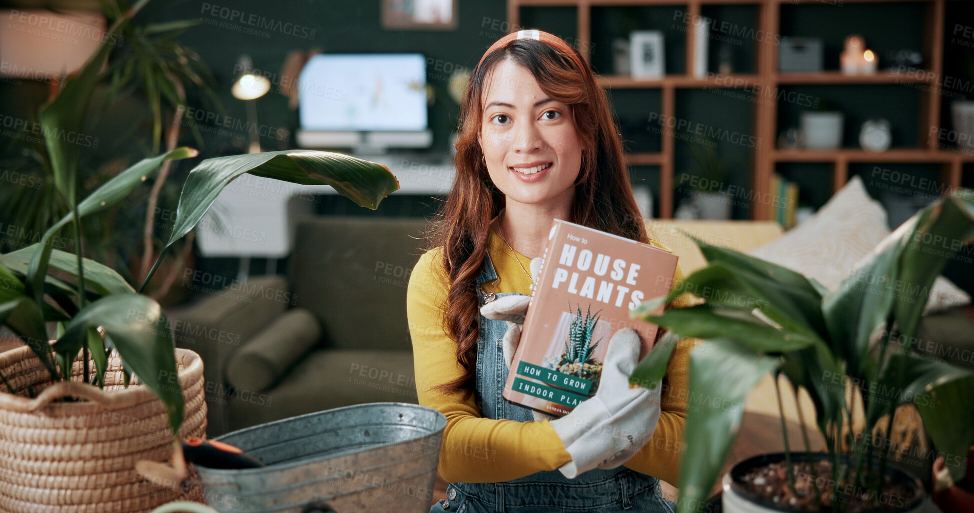 Buy stock photo Portrait, gardening and woman with pot plant, book and author for growth and horticulture. Feng shui, botany guide and gardener with tutorial for eco friendly, decoration and organic living room