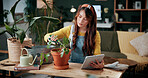 Pruning, houseplant and woman with tablet in house, eco friendly and gardening guide on social media. Trim, leaves and person with tech for propagation tips, florist or remove damaged foliage in home