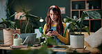 Plants, reading or woman with mobile in home, gardening forum or internet search for conservation tips. Review, smile or florist with phone for horticulture blog, care instructions or revival advice