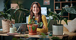 Portrait, gardening and woman with pot plant in home for flower, fertilizer and growth for horticulture. Feng shui, botany and gardener with tools for eco friendly, decoration and organic living room