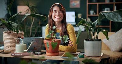 Buy stock photo Portrait, gardening and woman with pot plant in home for flower, fertilizer and growth for horticulture. Feng shui, botany and gardener with tools for eco friendly, decoration and organic living room
