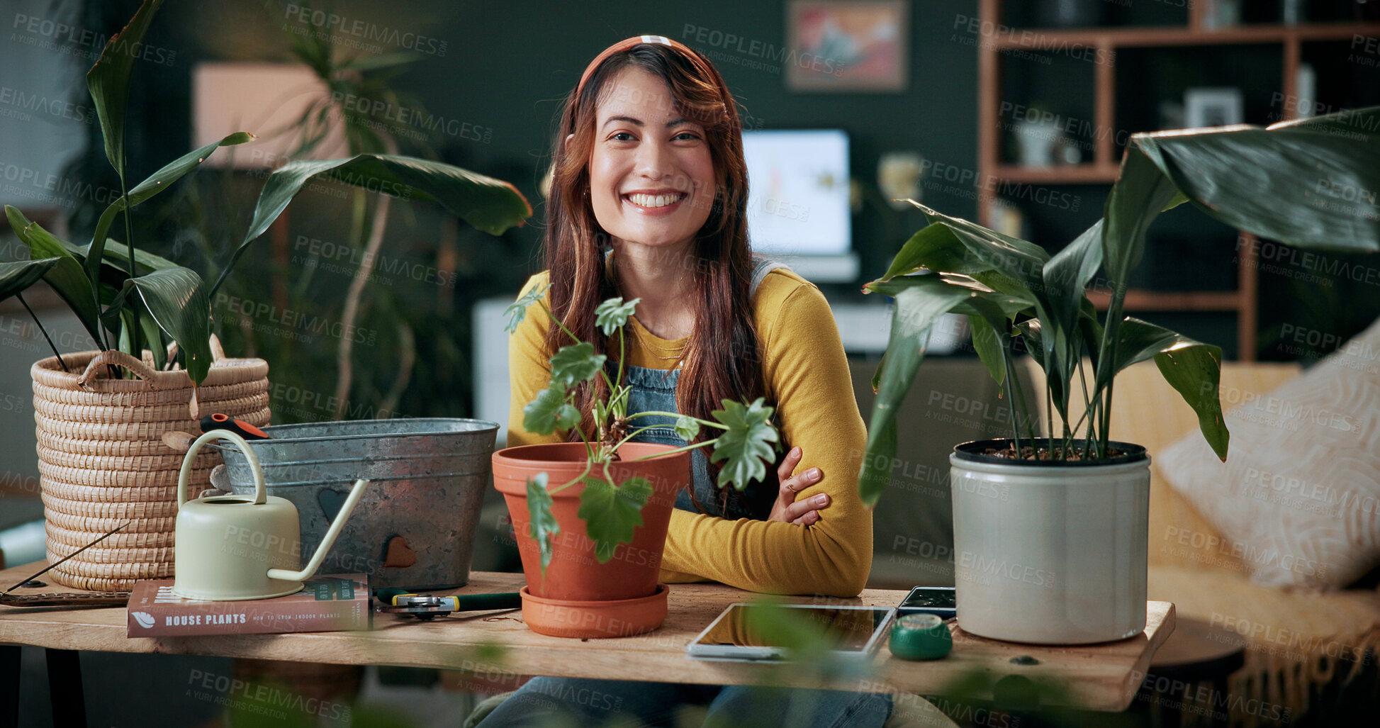 Buy stock photo Portrait, gardening and woman with pot plant in home for flower, fertilizer and growth for horticulture. Feng shui, botany and gardener with tools for eco friendly, decoration and organic living room